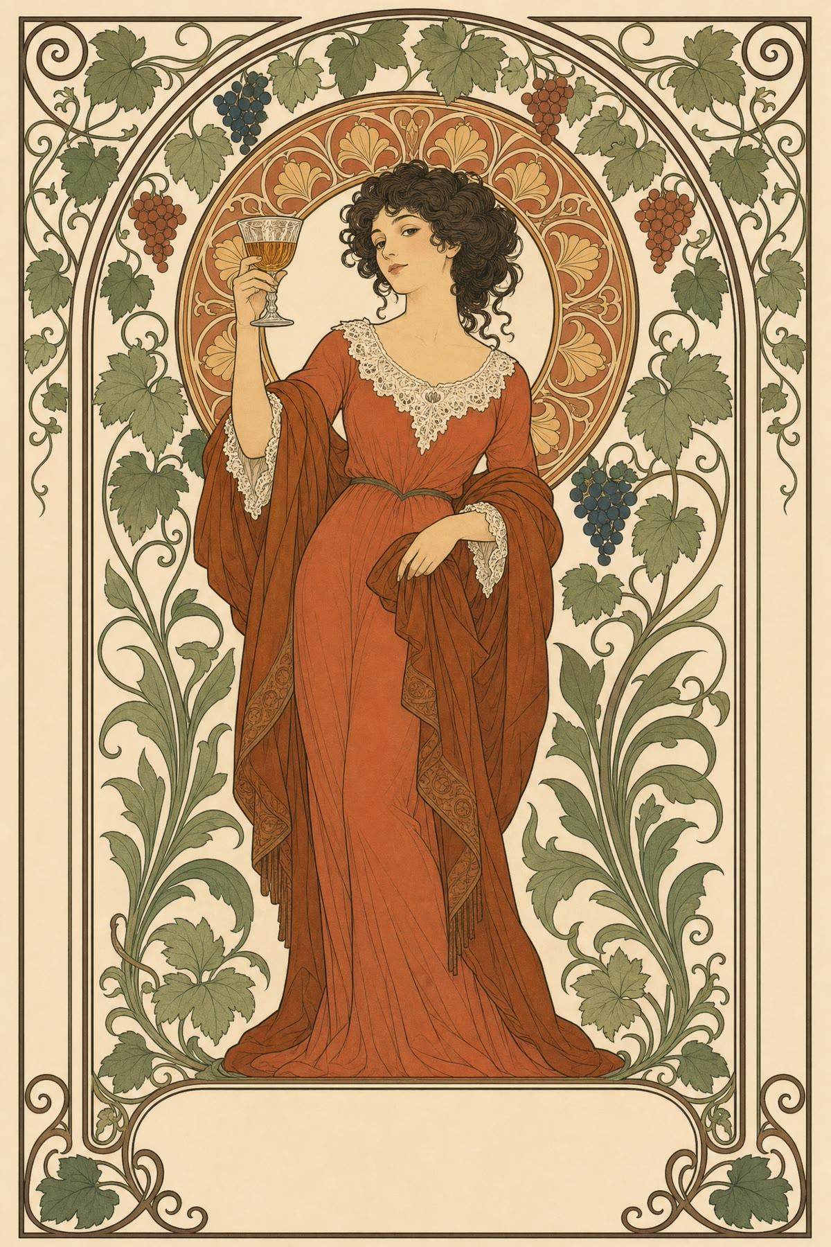 Illustrazione originale in stile Liberty: una donna con calice di vino, ispirata ai maestri dell'Art Nouveau senza riprodurne alcuna opera